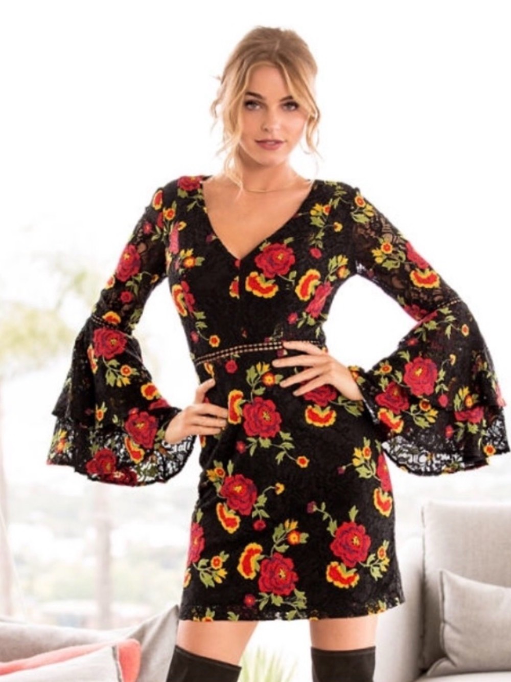 Black Floral Lace Mini Dress with Bell Sleeves